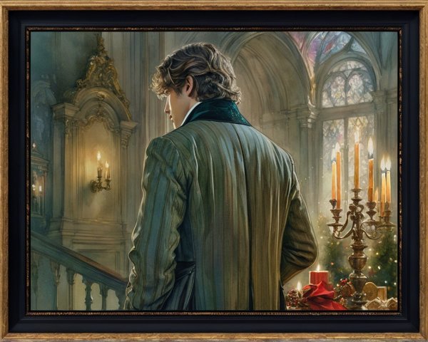 Elegant Man in Festive Candlelit Room with Tree