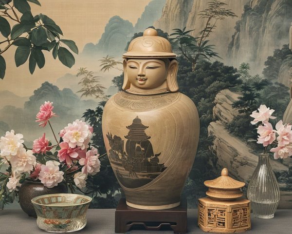 Decorative Urn Arrangement with Flowers and Bowls