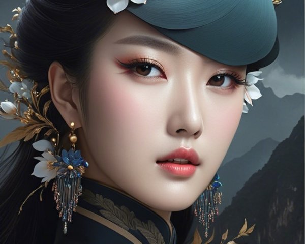Portrait of a Young Woman in Teal Hat and Elegant Outfit