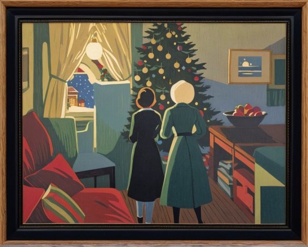 Two Women by Window in Cozy Holiday Scene