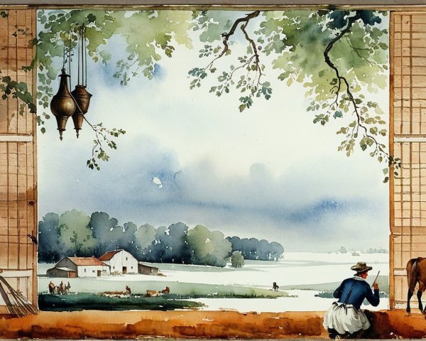 Serene Rural Landscape with Farmer and Horse