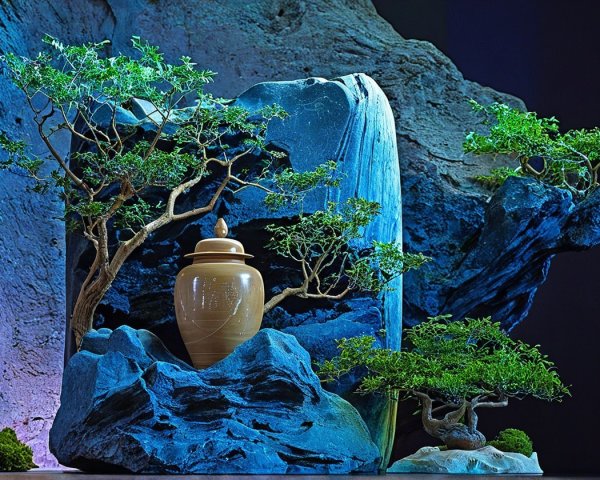 Ceramic Urn Surrounded by Sculptural Rock Formations