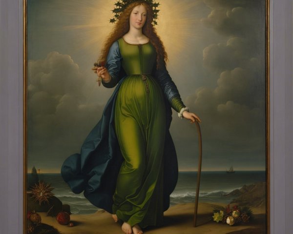 Classical Painting of Woman in Green and Blue Gown