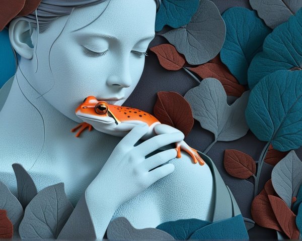 Serene depiction of a woman with an orange-spotted frog