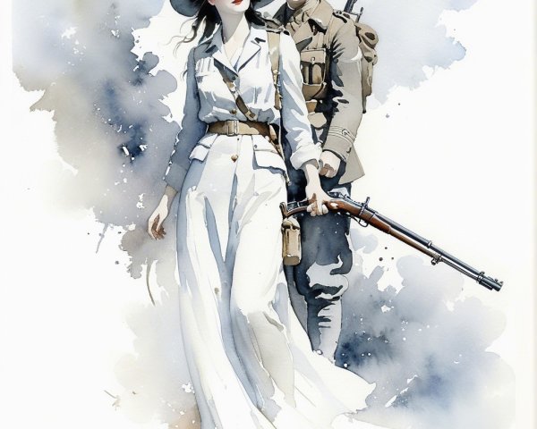 Watercolor Illustration of Soldier and Elegant Woman