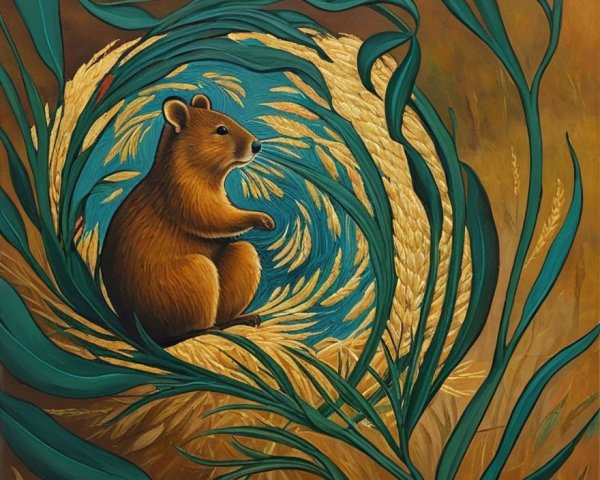 Whimsical Illustration of Bear Amidst Leaves and Wheat
