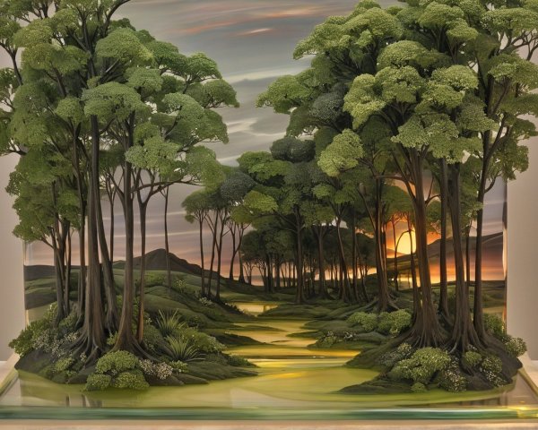 Vibrant Landscape Art with River and Sunlit Hills
