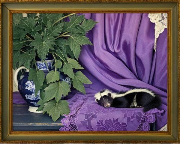 Still Life of a Sleeping Skunk on Purple Lace Cloth