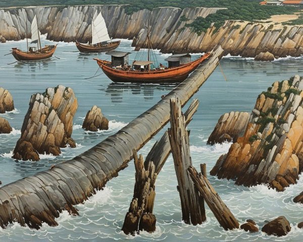 Coastal Scene with Cliffs, Boats, and Greenery