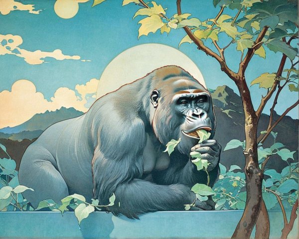 Stylized gorilla in lush foliage with serene expression