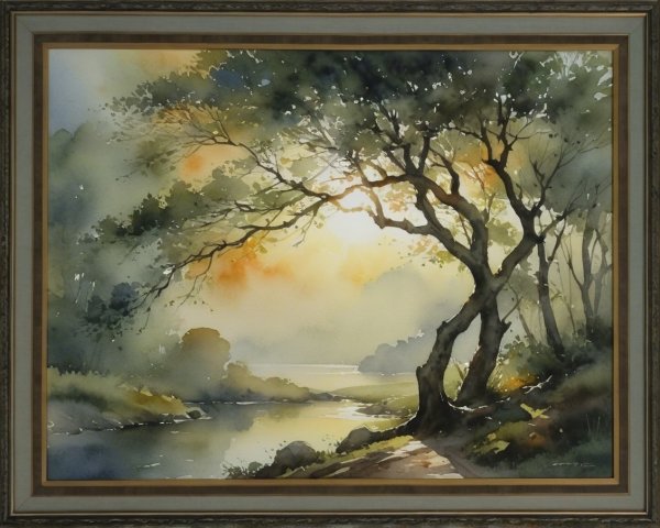 Watercolor Painting of Tranquil River at Sunrise