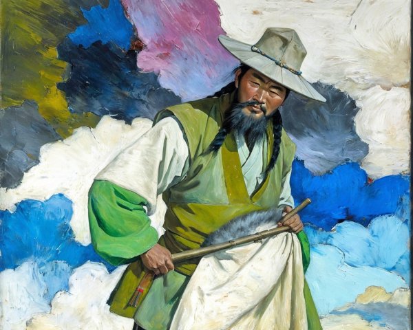 Traditional Figure with Tool Against Colorful Clouds