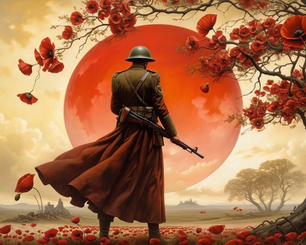 Solitary Soldier Against Vibrant Red Sun and Poppies