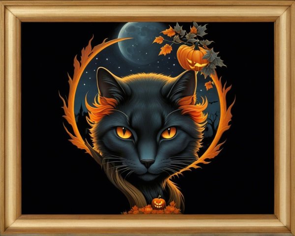 Mystical Black Cat Surrounded by Autumn Elements