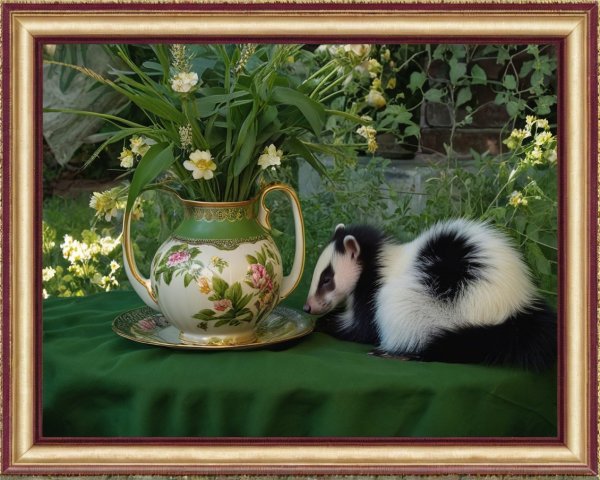 Fluffy Animal by Ornate Floral Teapot in Greenery