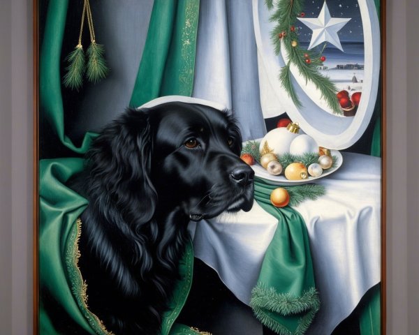 Black Dog with Green Blanket and Christmas Decor