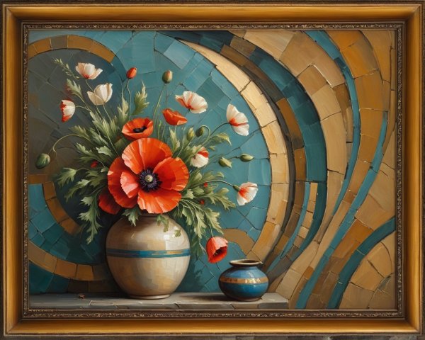 Vibrant Still Life of Poppies in Striped Vase