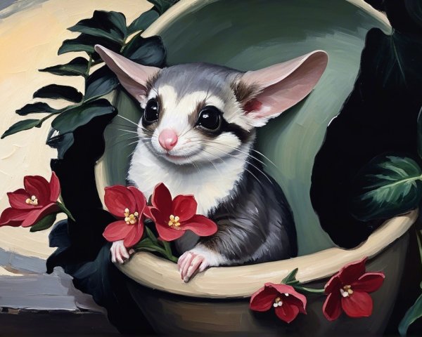 Painting of a sugar glider in a flower-filled pot