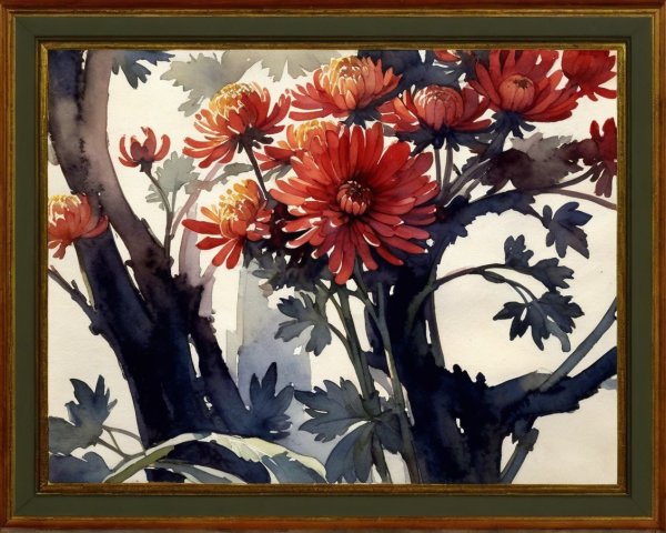 Vibrant Watercolor of Red Chrysanthemums in Greenery