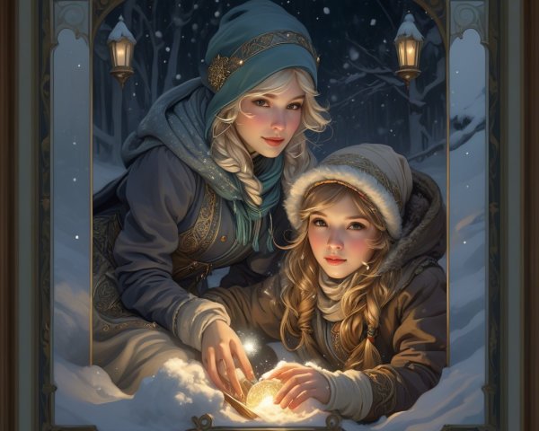 Women in winter attire holding a glowing sphere at night