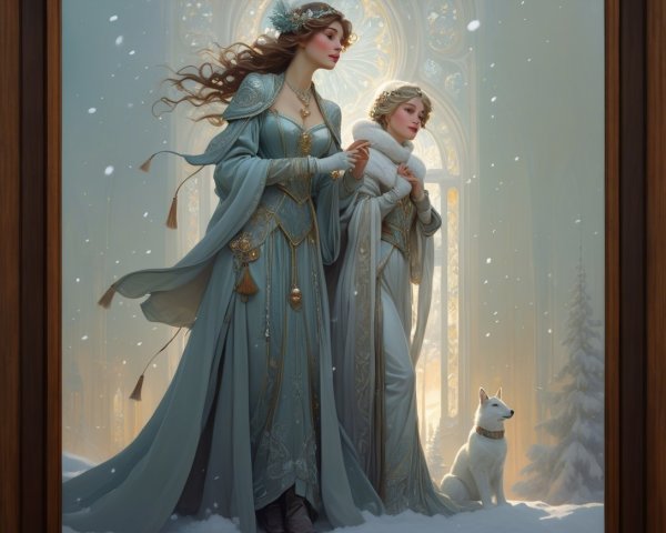 Digital Painting of Two Women and a Dog in Winter