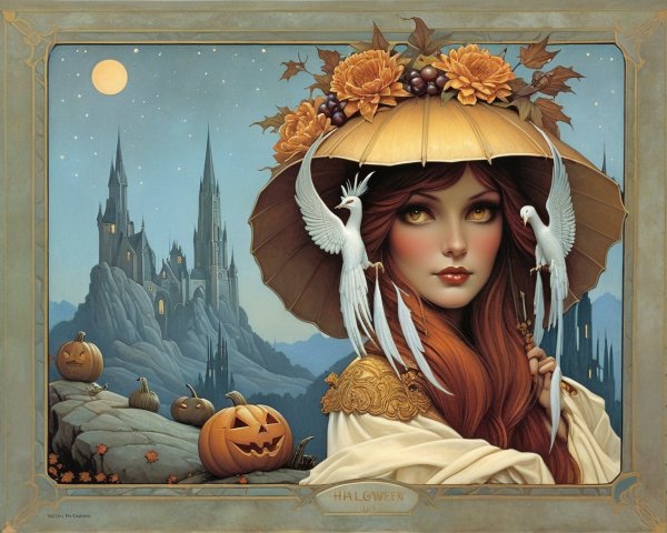 Mysterious Woman in Autumn Hat Against Twilight Sky