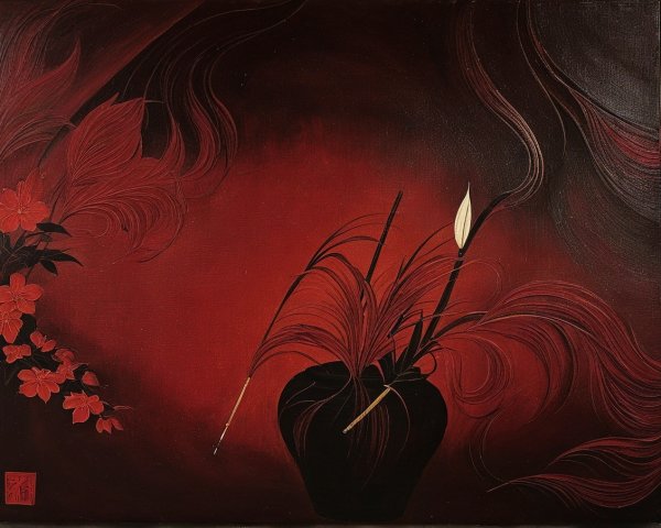 Abstract Floral Composition in Red and Black