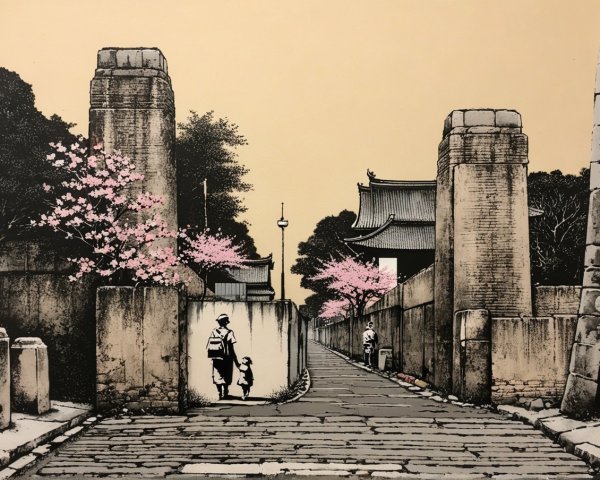 Serene Pathway with Cherry Blossoms and Stone Pillars