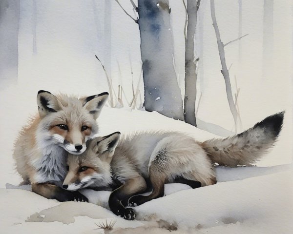 Foxes in a snowy landscape with bare trees and mist