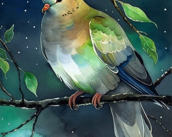 Illustration of a bird on a branch under a starry sky