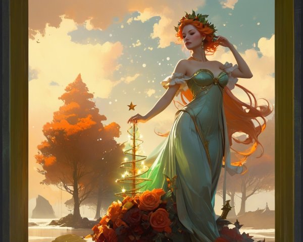 Vibrant Autumn Scene with Woman in Green Gown