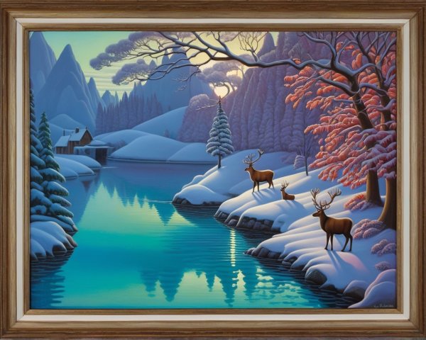 Serene winter landscape with lake, deer, and cabin