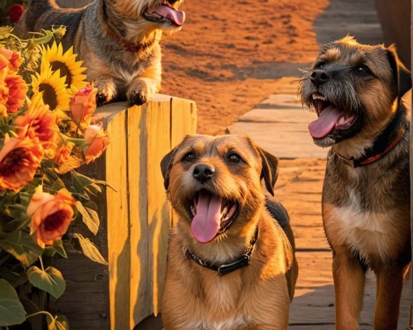 Dogs Walking on a Path Amidst Sunflowers at Sunset