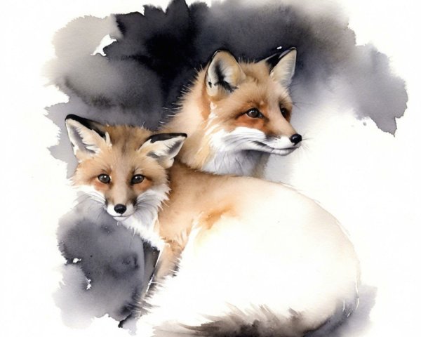 Watercolor Illustration of Adult and Juvenile Foxes