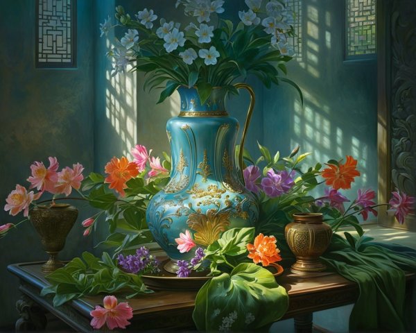 Vibrant Still Life with Turquoise Vase and Flowers