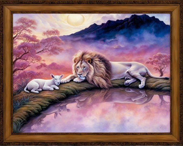 Lion and Cub by Tranquil Pond at Sunset