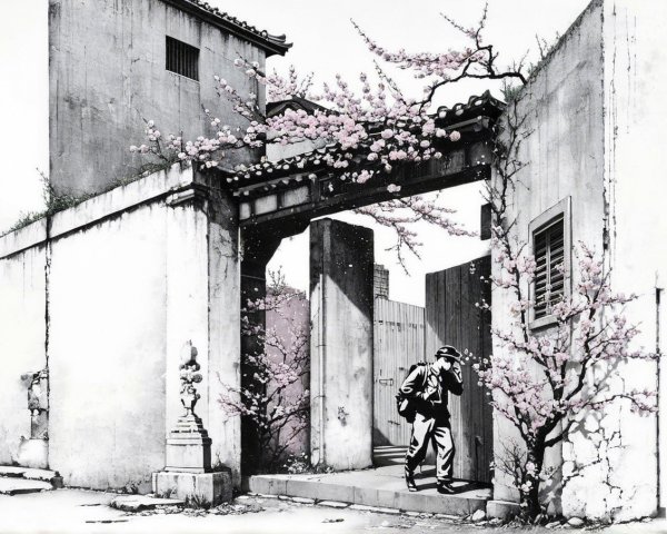 Lone Figure in Suit at Cherry Blossom Gateway