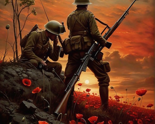 Soldiers on Rocky Outcrop Against Dramatic Sunset