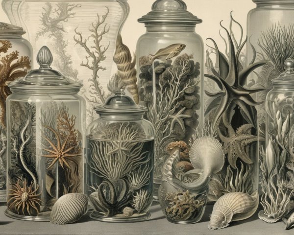 Collection of Glass Jars with Marine Specimens