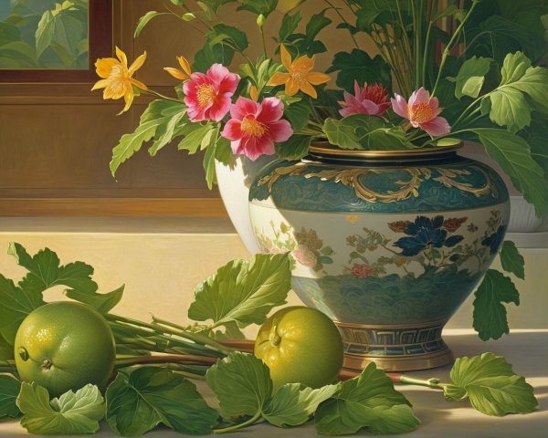 Still Life with Floral Vase and Vibrant Flowers