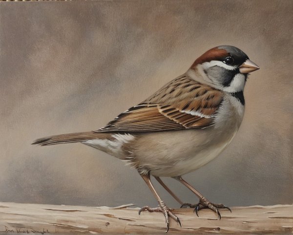 Detailed Painting of a Sparrow on a Branch