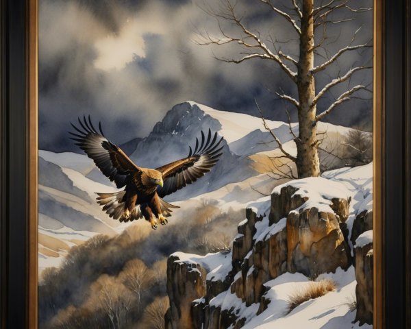 Golden Eagle in Flight Over Snowy Mountain Landscape