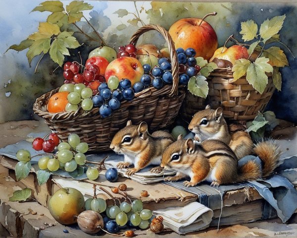 Chipmunks at a Wooden Table with Vibrant Fruits