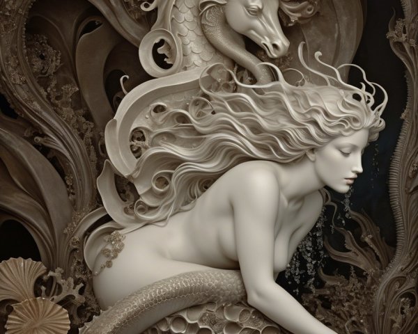 Fantastical Scene of Woman and Mythical Sea Creature