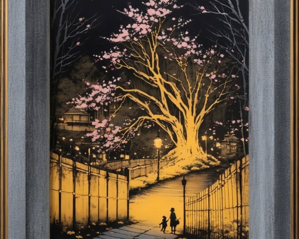 Serene evening scene with tree and silhouetted figures