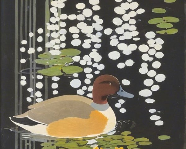 Stylized Ducks on Dark Surface with Lily Pads and Flowers