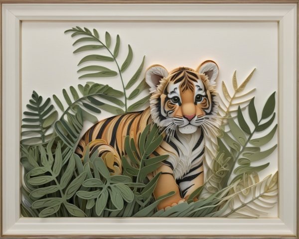 Whimsical Paper Art of a Playful Tiger Cub in Foliage