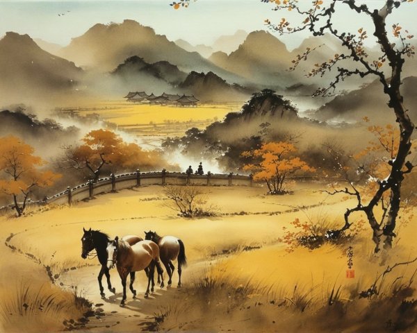 Serene landscape with horses in golden fields and mountains