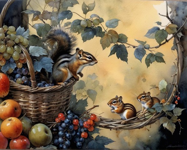 Chipmunks on a Basket of Colorful Fruits in Nature