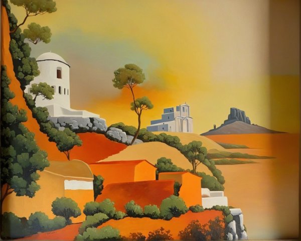 Vibrant Landscape with Hills, Buildings, and Trees